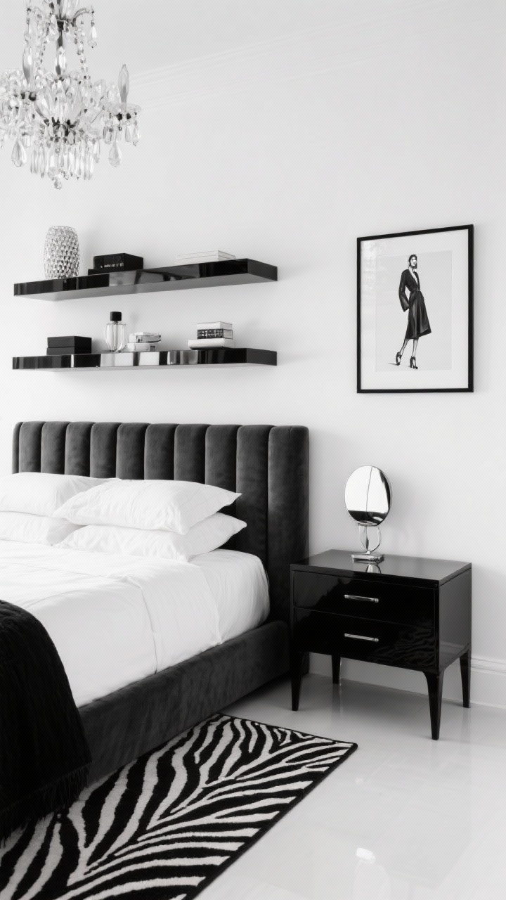 Medium shot, Monochrome Glam Studio: soft white walls with a charcoal channel-tufted headboard anchoring the bed. Above, matching black floating shelves styled with curated objects. A glossy lacquered mini desk with a mirrored nightstand beside the bed; framed fashion print on the wall. Zebra-print runner on the floor and a petite crystal chandelier overhead for sparkle. High-contrast black-and-white palette, crisp, photorealistic lighting with subtle reflections.