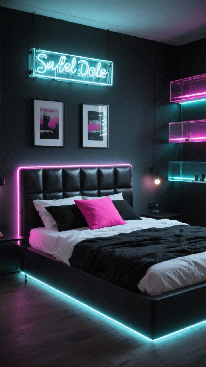 Medium shot, moody neon: A simple platform bed with a paneled faux-leather headboard, RGB LED strip lights behind the headboard and under the bed creating a soft neon halo. Sleek black-and-white bedding with a single electric pink accent pillow. Posters in clean acrylic frames on the wall, a light-up marquee or neon sign above the bed, and backlit display shelves. Nighttime scene with smart bulb color accents. Palette: black, white, neon.