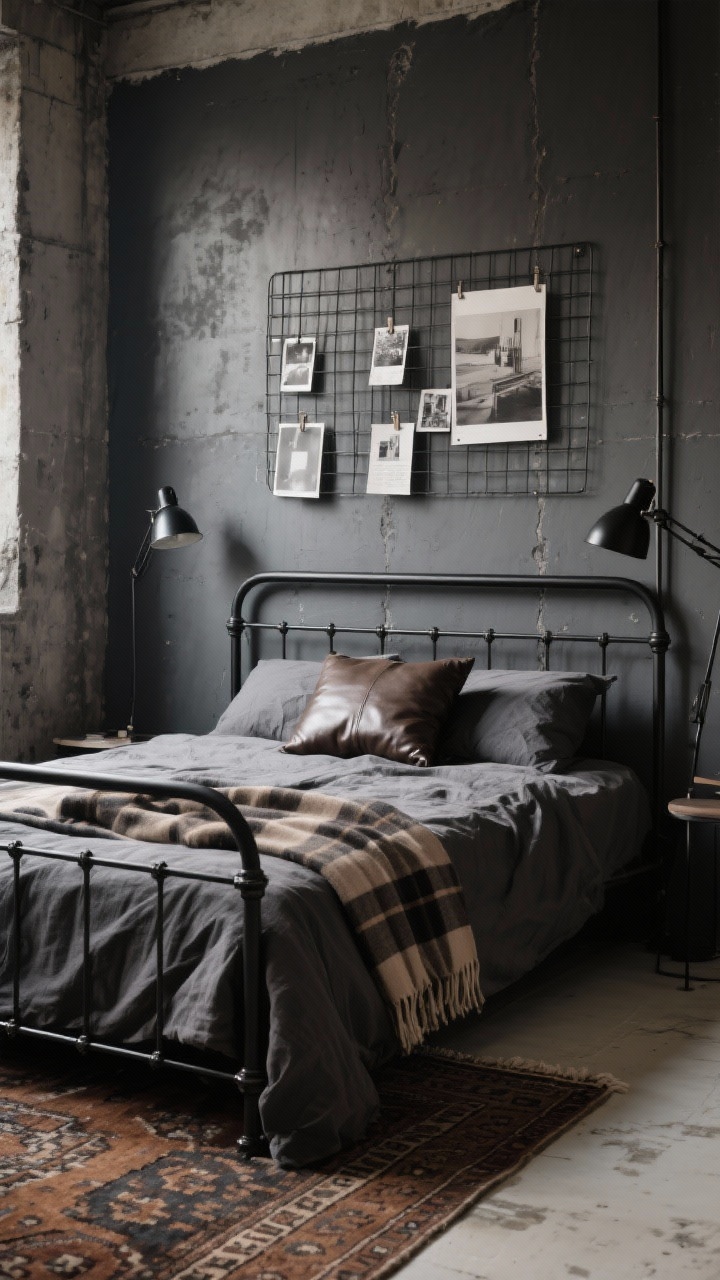 Medium shot, moody: Soft grunge loft vibe with a slim black metal bed frame, stonewashed linen in charcoal and taupe, plaid throw draped casually, faux leather lumbar pillow. Behind the bed, a peel-and-stick concrete wall or charcoal paint. Wire-grid panels with clipped posters and photos, matte black clamp lamps, kilim rug on the floor. Palette: charcoal, taupe, cognac, off-white. Diffused low light for atmosphere.