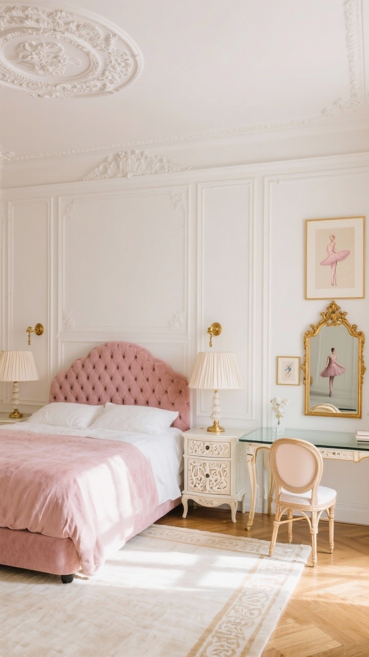 Medium shot, Parisian Apartment: warm white walls with classic molding, a tufted blush velvet headboard flanked by brass sconces; an ivory bone-inlay dresser with pleated linen lampshade, cream rug with subtle border underfoot; a petite bistro chair pulled to a glass-topped desk; ballet prints and a gold-framed mirror reflect brushed gold tones; ornate ceiling medallion visible; palette of ballet pink, ivory, brushed gold; photorealistic, elegant afternoon light.
