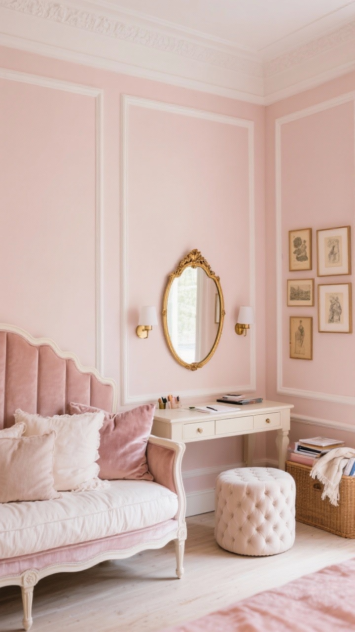 Medium shot, Parisian Petite Chic: powder blush walls with crisp white trim, a daybed with a scalloped headboard styled like a sofa with layered linen and velvet cushions. Above a petite writing desk, a gold-framed mirror reflects light. Two mini sconce lights flank the mirror to save nightstand space. A petite gallery wall of vintage prints nearby and a tufted ottoman that hides blankets and study supplies. Romantic, refined mood, soft warm lighting.