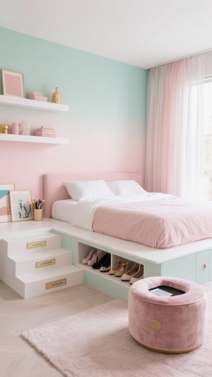 Medium shot, pastel platform with stair drawers: dreamy elevated platform bed nestled into a base, steps doubling as labeled drawers for shoes, art supplies, tech; pastel ombré accent wall behind the bed; floating white and blush shelves above with neatly arranged decor; round velvet ottoman with hidden storage, sheer curtains softening daylight; palette of blush, mint, white, soft gold; light, romantic mood.
