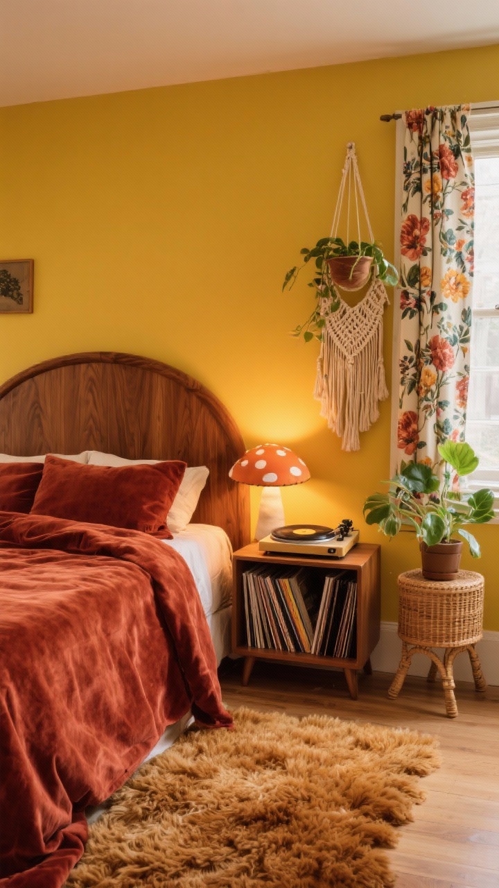 Medium shot: Retro ’70s boho groove with butter yellow walls, a walnut curved headboard and rust velvet bedding, a plush shag rug underfoot, a mushroom-shaped lamp on the nightstand, floral print curtains at the window, a record player corner with vinyls, rattan plant stands, and a macramé plant hanger; cozy amber lighting.