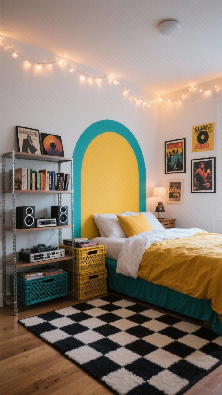 Medium shot: Retro pop playlist room with white walls and a bold painted retro arch behind the bed in mustard and teal. A metal utility shelf holding books and speakers, a checkerboard rug underfoot. Framed album covers and band posters on the wall, fairy lights strung around the ceiling edge giving a soft glow, and stackable crates used as a nightstand beside the bed. Photorealistic, playful colors, evening ambient glow.
