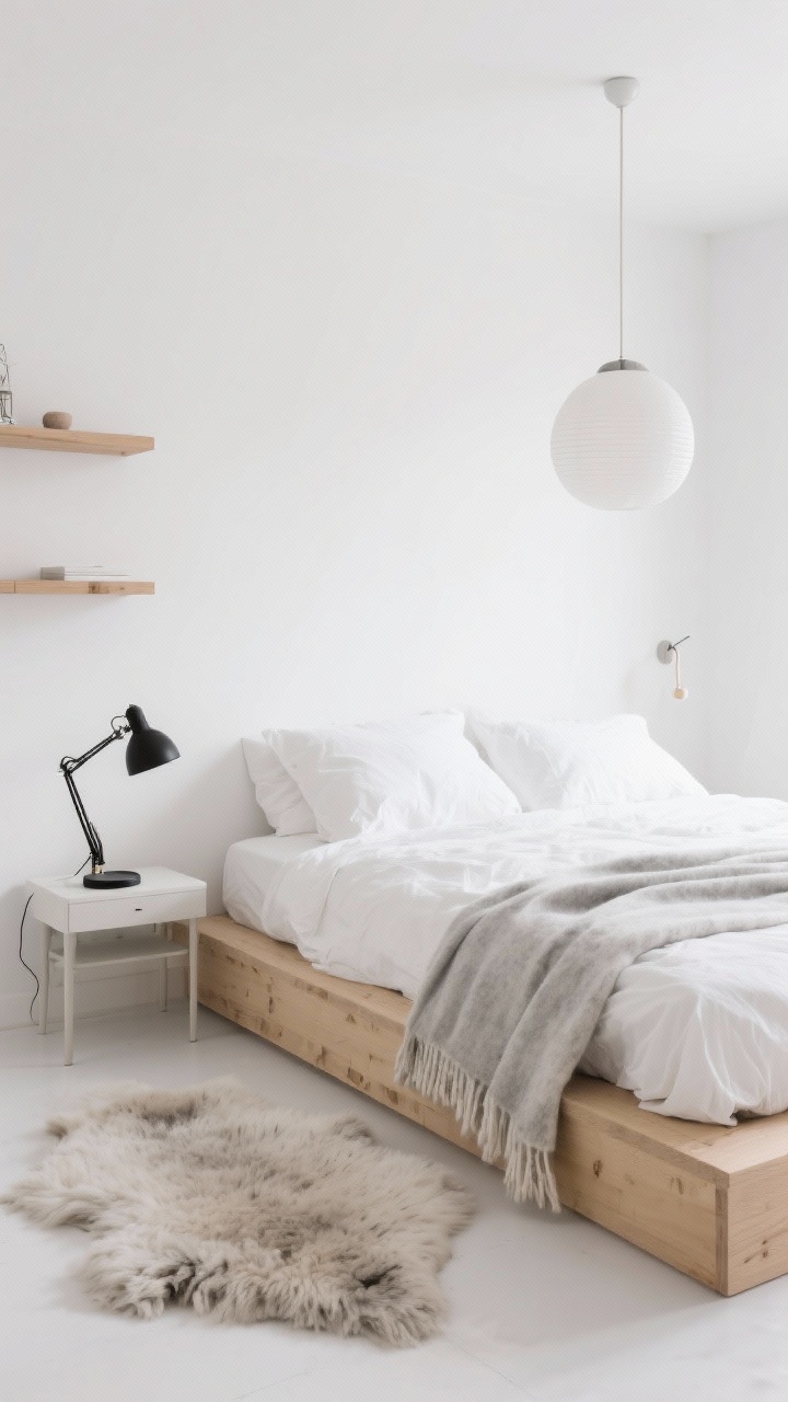 Medium shot, Scandinavian Snowy Minimal: Soft white room, blonde wood low-profile platform bed with linen bedding in white and light gray. Wool throw folded at the foot, black metal reading lamp on a simple nightstand. Shaggy sheepskin rug beside the bed, floating oak shelves with minimal decor. Simple globe pendant and a task sconce provide gentle, clean lighting. Calm, airy minimalism.
