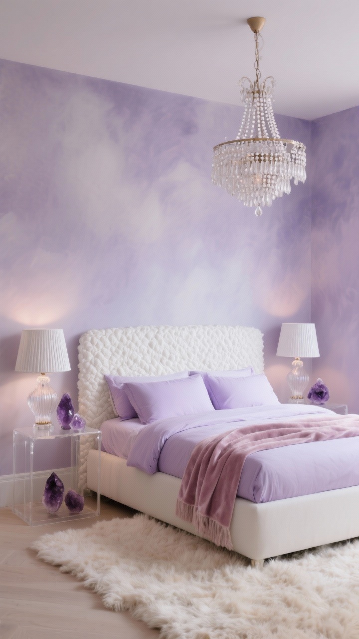 Medium shot: Soft lavender dreamscape with smoky lavender walls, a white boucle headboard, light bedding with lilac sheets and a blush velvet throw, a beaded chandelier overhead, fluted glass lamps on acrylic side tables, amethyst decor pieces on display, and a cream shag rug adding haze-like softness; diffused lighting, serene mood.