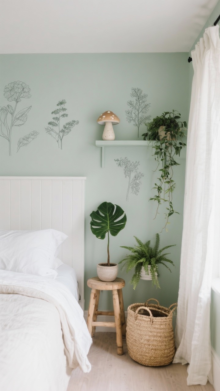Medium shot, Soft Sage Minimalist Garden Room: soft sage walls, white beadboard headboard for texture, linen bedding in ivory; curated plants—one small fiddle leaf sapling in a simple pot, a small fern on a stool, and a trailing vine on a shelf; ceramic mushroom lamp on the bedside; straw tote used for storage; palette of sage, ivory, light wood; botanical line drawings on the wall; light-filtering ivory curtains.