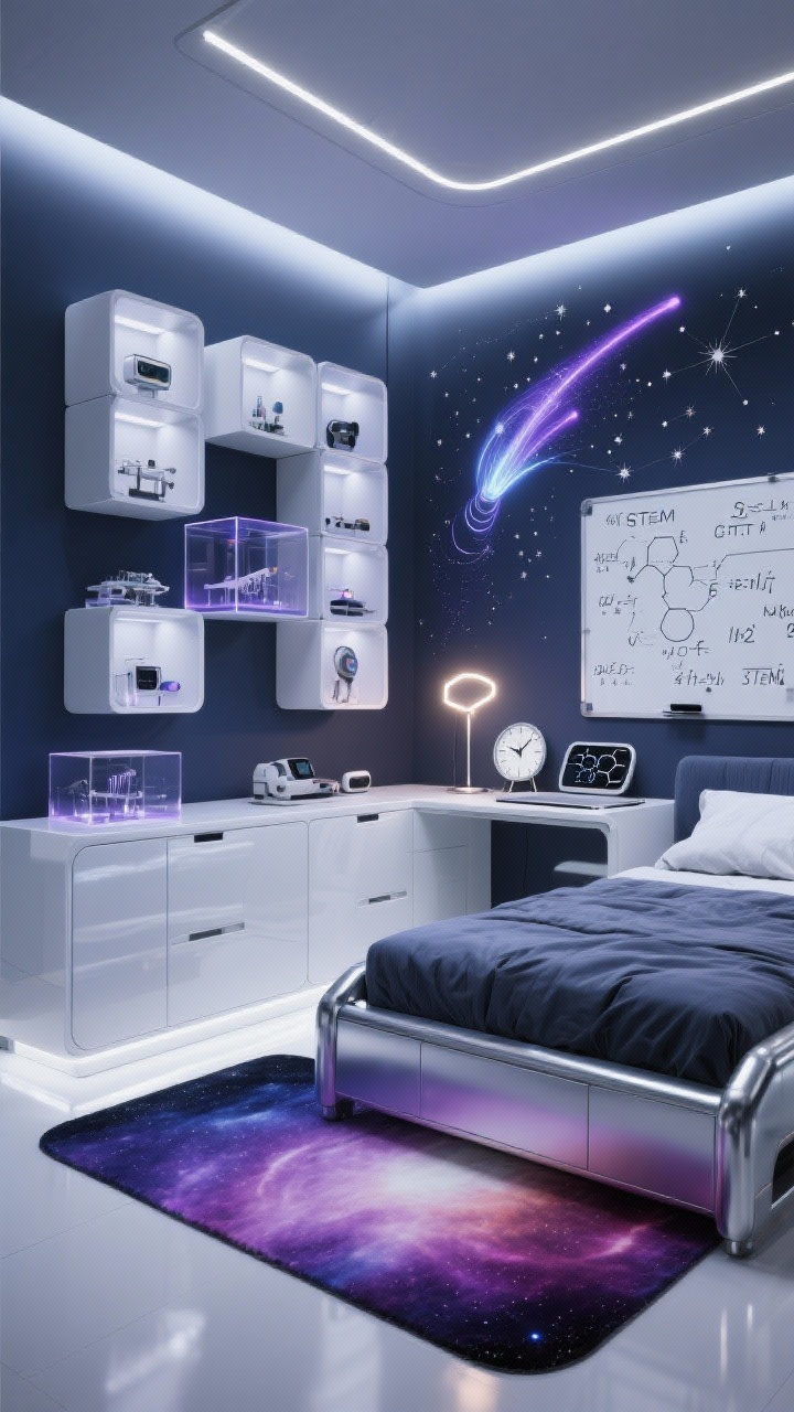 Medium shot, space age STEM lab bedroom: silver, deep navy, and ultraviolet tones; clean-lined bed with metallic frame, glossy white storage units; magnetic whiteboard with formulas mounted above modular cube shelving; acrylic display boxes showing models/gadgets; constellation wall decal, fiber-optic lamp glowing; hex desk mat, LED clock on desk; nebula-like gradient ombré rug underfoot; crisp futuristic lighting; photorealistic.