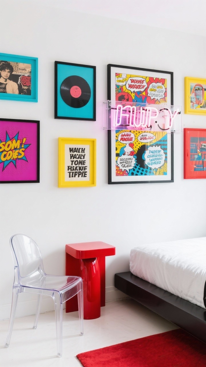 Medium shot, straight-on: Bright white wall with a high-energy pop art gallery. Bold comic-style prints, vintage album covers, and cheeky quote posters in a mix of black frames and primary-colored frames (cyan, magenta, yellow, red), anchored by one oversized canvas. A neon LED word light mounted off-center adds glow. Foreground shows a glossy red side table beside a sleek low platform bed and a clear acrylic chair. Vivid, punchy lighting to emphasize colors and shine.