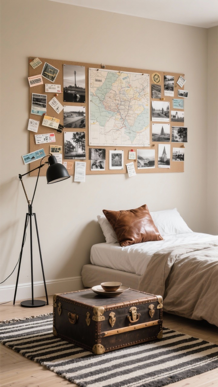 Medium shot: Travel collage escape feature wall with beige walls and a bold pinboard collage of maps, postcards, ticket stubs, and black-and-white destination photos arranged in a tidy grid. A vintage-style trunk used as a coffee table, a leather-look pillow on a simple bed with neutral bedding, a black metal floor lamp, and a striped rug anchoring the space. Photorealistic, wanderlust mood.
