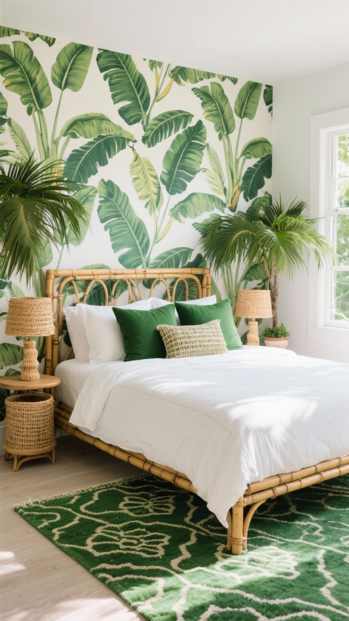 Medium shot: Tropical feature wall with bold banana leaf wallpaper behind a bamboo bedframe made with crisp white bedding, emerald throw pillows, raffia lamps on side tables, potted palms flanking the bed, and a patterned green rug grounding the area; bright, lively lighting from a window, three-quarter angle.