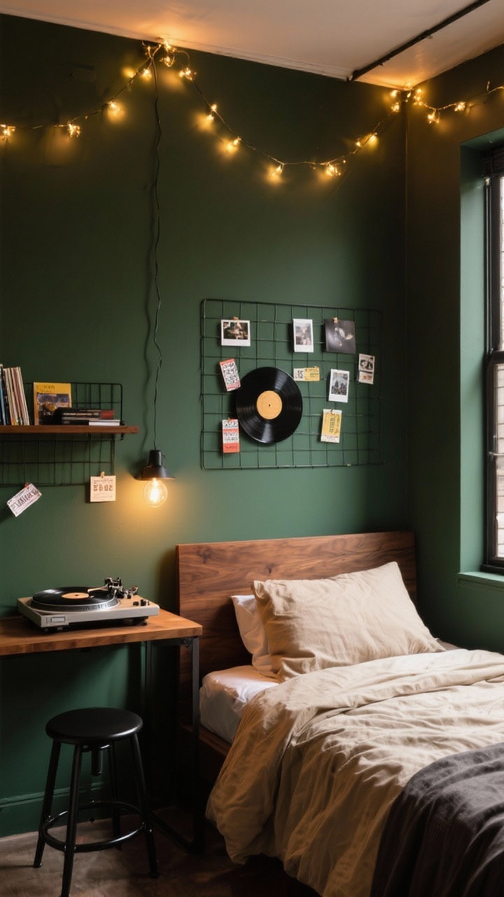 Medium shot, Urban Indie Nook: deep olive walls create mood, with a walnut wood headboard and oatmeal bedding. Warm fairy lights strung across the ceiling and draped around a wall grid holding photos and ticket stubs. A compact record shelf with vinyl and a turntable on top. Narrow wall-mounted desk and black metal stool tucked to the side. Cozy, intimate lighting with warm glow.