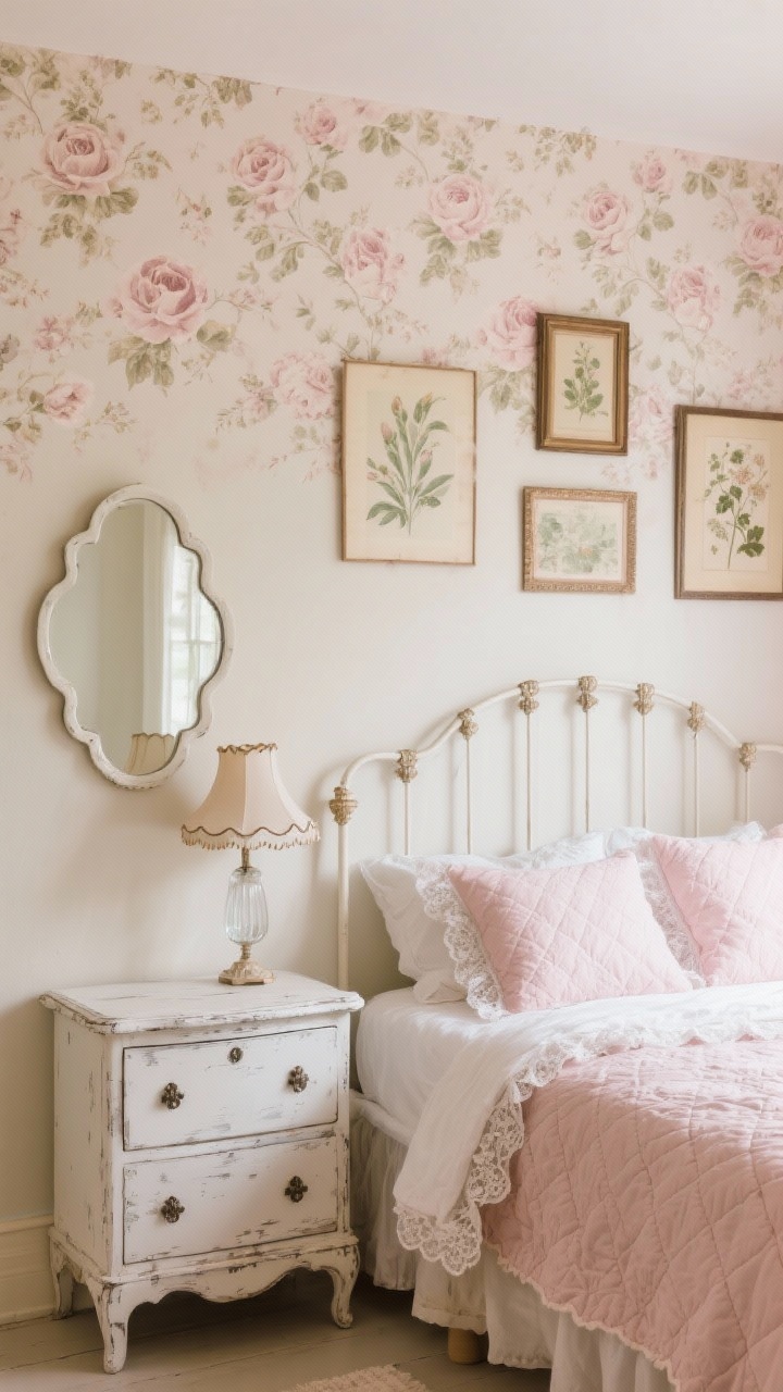 Medium shot, Vintage Romantic: feature wall with faded rose-print wallpaper, other walls soft cream; curved iron bed in antique white, distressed dresser nearby; bed layered with lace-trimmed pillows, blush quilt; scalloped-edge bedside lamp and scalloped mirror above; vintage botanical prints in mismatched frames; glass knobs catching light; palette dusty rose, cream, antique white; photorealistic, cozy cottage-chic glow.