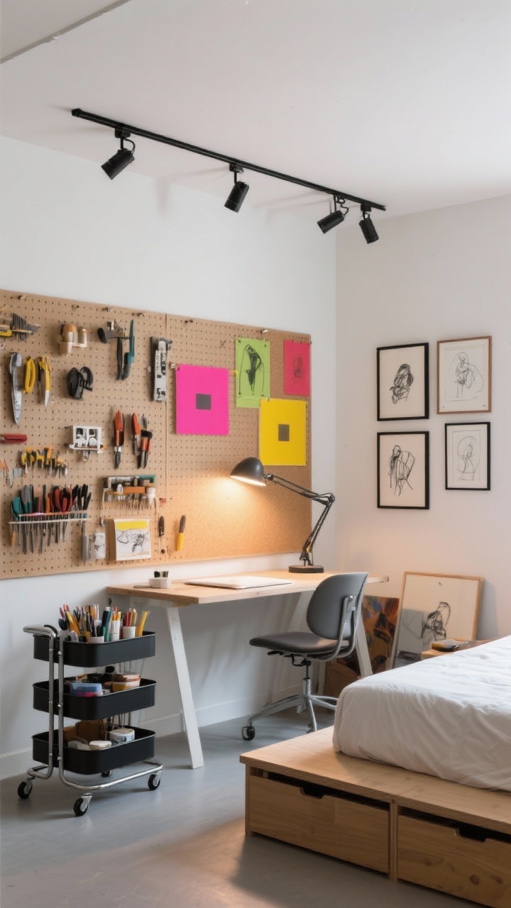 Medium straight-on, Artsy Studio Wall Wash: pegboard wall over desk with organized tools, rolling cart for supplies, platform bed with under-drawer storage; lighting purpose-built for art: track lights with adjustable heads washing a gallery wall, daylight-balanced desk lamp on the work surface, and a gently backlit corkboard; pops of primary colors and framed sketches add personality, photorealistic.