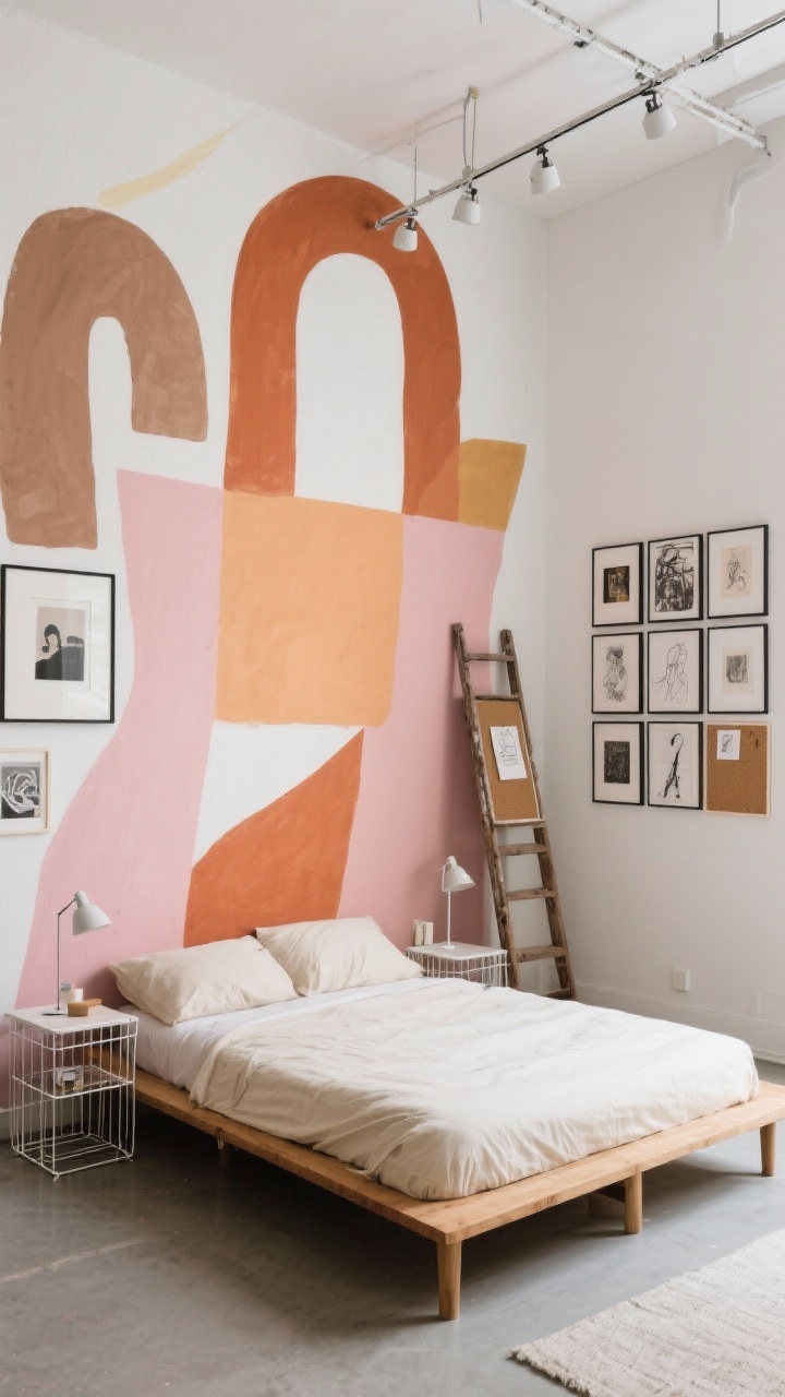 Medium straight-on shot, Artsy Mural Loft With Gallery Wall: Freeform color-block mural behind the bed featuring clay, blush, and terracotta arches. Low wood bed with simple cream bedding. A precise grid gallery wall of curated prints to the side, wire-frame nightstands with minimal decor. Leaning ladder shelf and a corkboard with sketches. Track lights spotlighting the art. Creative, studio-chic.