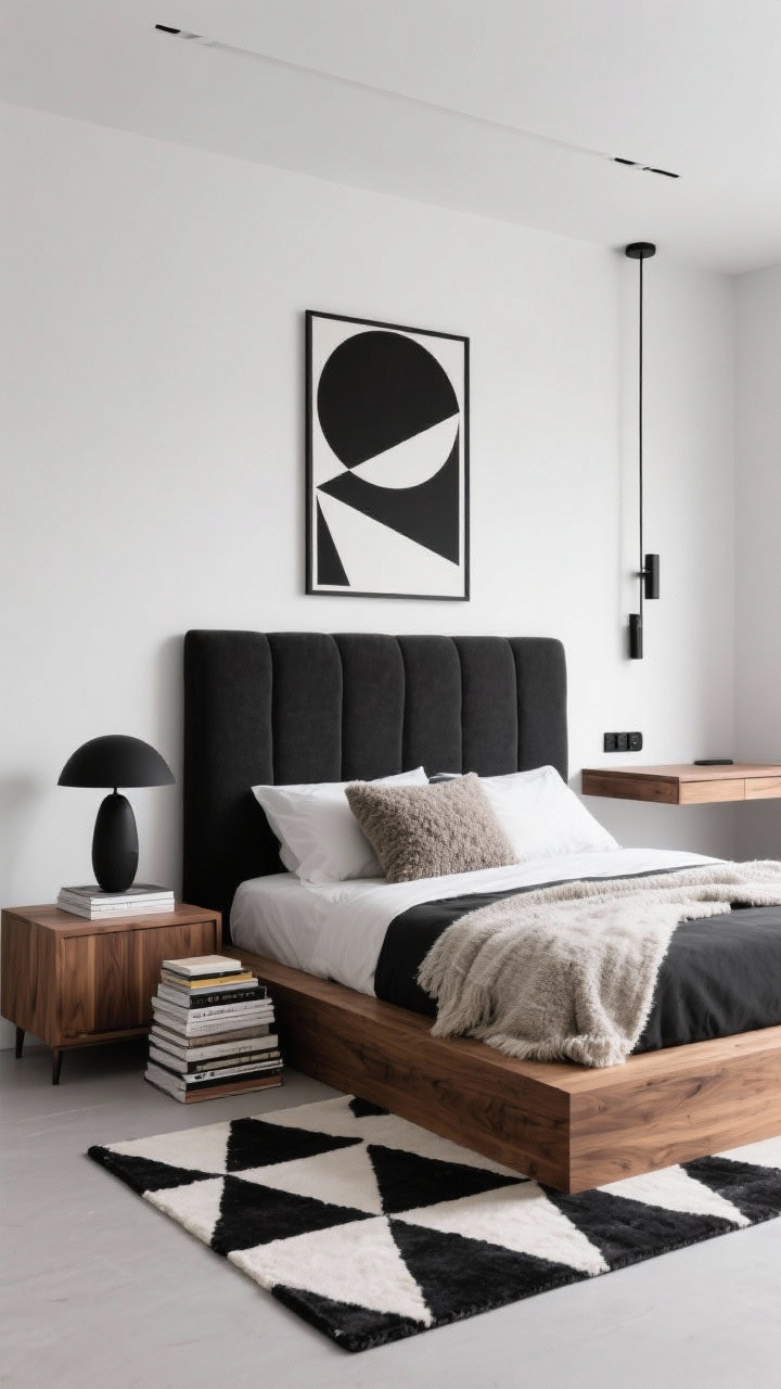Medium, straight-on view of a modern minimalist bedroom in black, white, and warm oak; platform bed with tall cushioned headboard, single bold graphic art piece centered above the bed, monochrome geometric rug; sparse styling with stacked books, sculptural lamp on warm oak nightstand, sleek floating desk with matte-black hardware and linear wall sconces; bouclé throw pillow and soft wool blanket for texture; clean lines, uncluttered surfaces; photorealistic.
