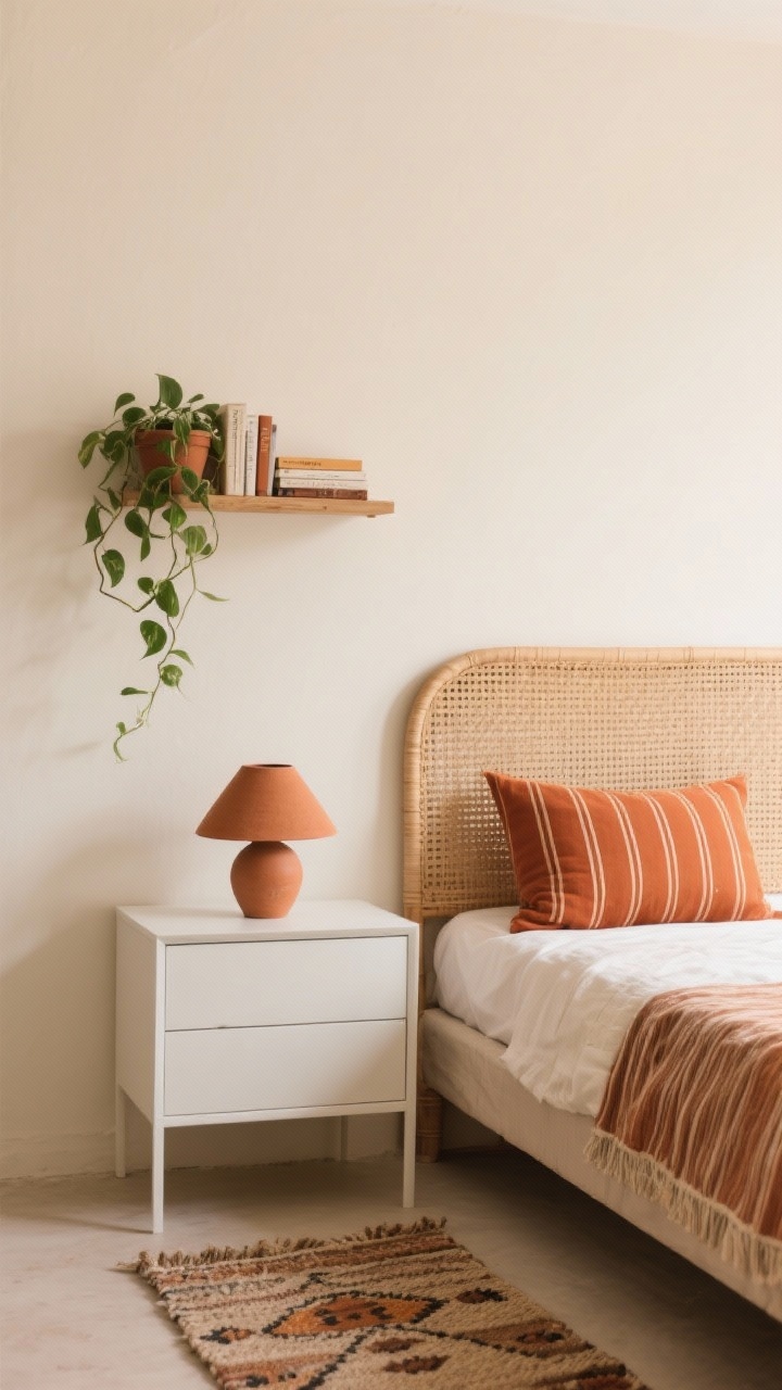 Medium warm minimal composition: creamy walls, cane headboard, terracotta accents through a striped terracotta lumbar pillow, terra-toned ceramic lamp on a slim white dresser; textured Berber-style rug underfoot; narrow wall-mounted shelf with a small curated book stack and a trailing pothos plant; materials of cane, clay, cotton; cozy yet uncluttered mood.