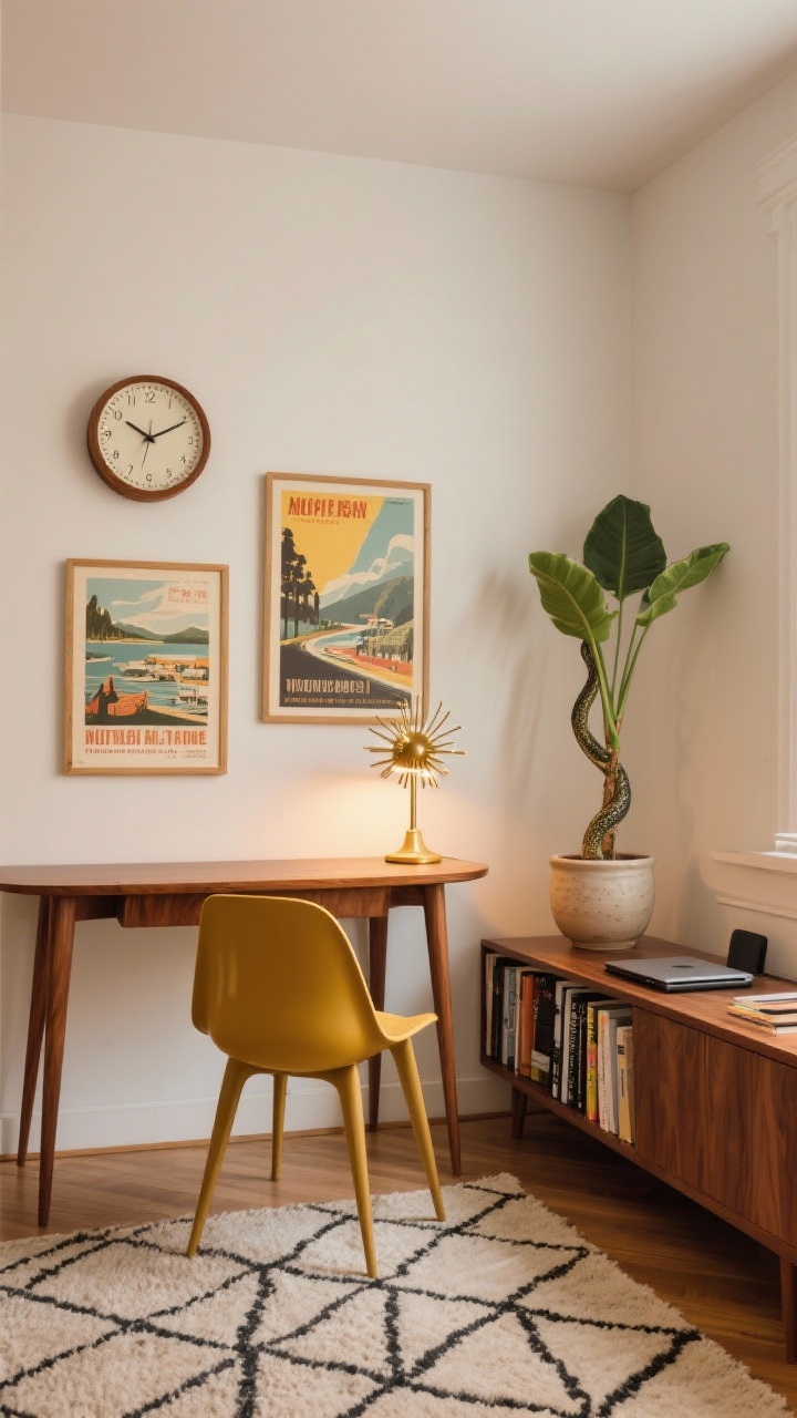 Mid-century modern study scene, medium straight-on shot: warm walnut desk on tapered legs, molded plastic chair in mustard, sputnik-style desk lamp; two vintage travel posters above and a round wall clock with wood trim; low-pile geometric rug echoing mid-century lines; narrow walnut credenza beside the desk for books and tech; ceramic planter with a tall snake plant; soft, warm ambient lighting with a hint of brass gleam.