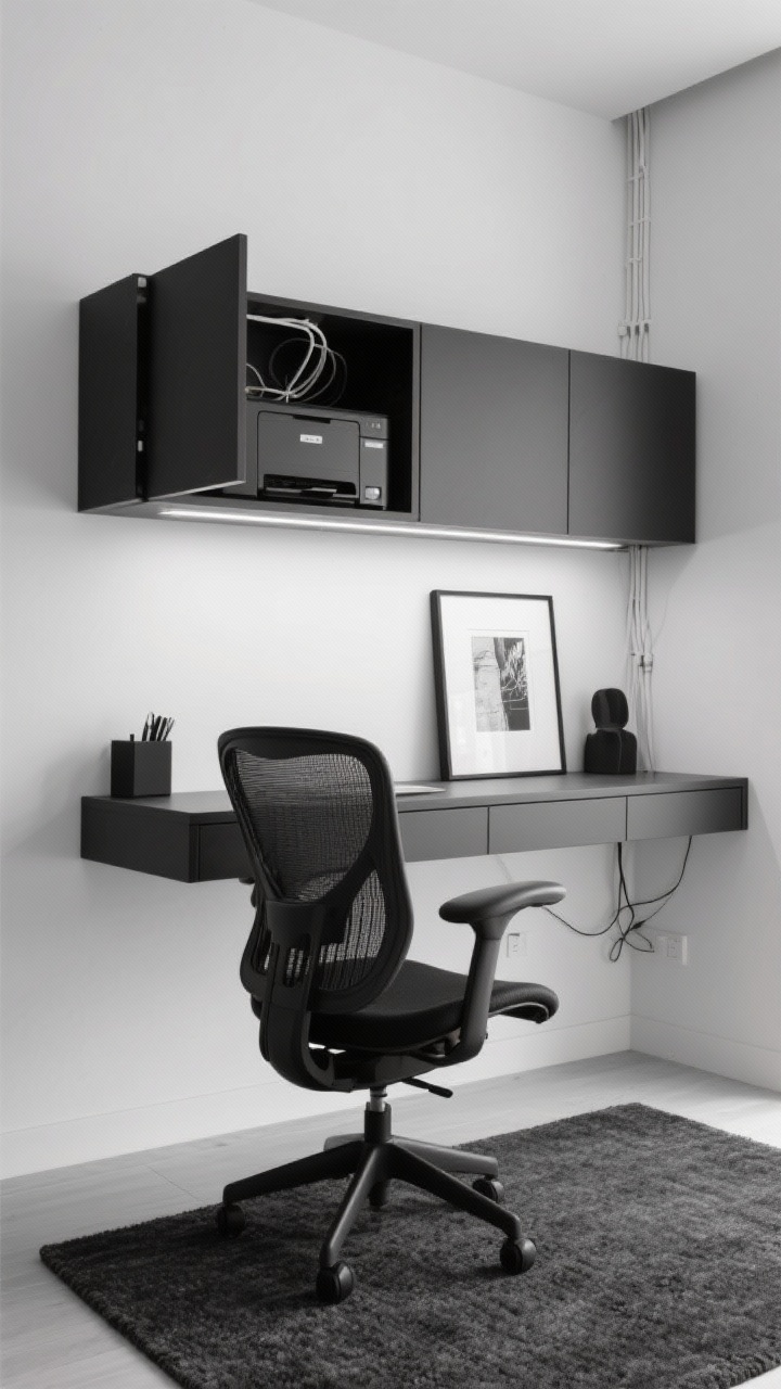 Minimalist monochrome detail shot, slightly overhead: black-and-white palette with wall-mounted floating desk, slim black mesh ergonomic chair pushed in; drop-front cabinet above hiding a printer, cable raceway concealing wires; single monochrome art print, matte black desk organizer; under-cabinet LED strip casting even, shadow-free light; low-pile dark gray rug grounding the scene; ultra-clean, clutter-free look.