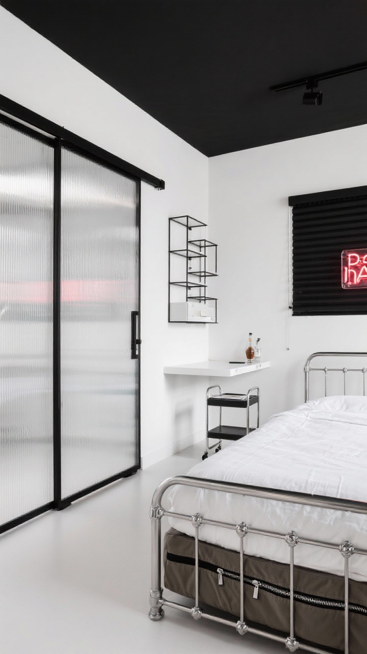 Overhead/angled detail-to-medium shot, high-contrast studio: white walls with crisp black trim; sliding panel closet in ribbed glass reflecting light, partially closed; sleek metal bed frame with a zippered canvas under-bed case visible under the frame; floating cube shelves forming a geometric installation above a minimalist desk; narrow bar cart as a mobile nightstand; blackout roller shade and a neon sign adding punch; palette black, white, chrome, neon accent; sharp, modern contrast.