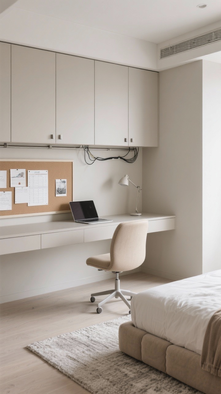 Overhead/angled study-first setup: soft greige walls, slim upholstered bed in neutral fabric, one wall featuring a built-in-look floating desk; pinboard rail running above the desk with schedules and minimal inspiration pinned; cord channel hiding cables; on the desk only a task lamp and laptop; wall cabinets with push-latch doors above, low-pile sound-softening rug below; ergonomic low-profile beige chair; clean, focused workspace.