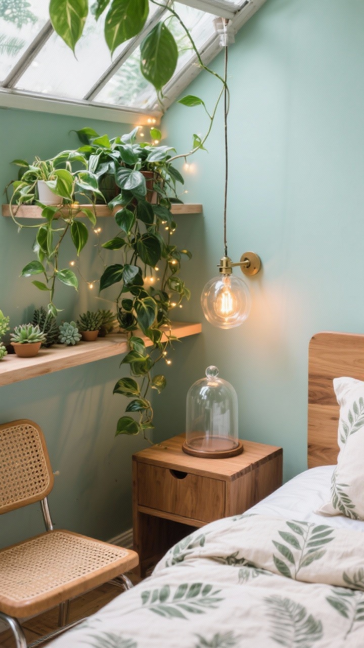 Overhead detail, Botanical Greenhouse Corner: floating shelf with trailing pothos and baby succulents, minty wall and natural oak bed edge visible; glass pendant with visible filament bulb warm glow, clip-on warm-spectrum grow light tucked among leaves, twinkle micro-lights inside a glass cloche on the nightstand; linen duvet in leaf print and rattan chair texture peek into frame.