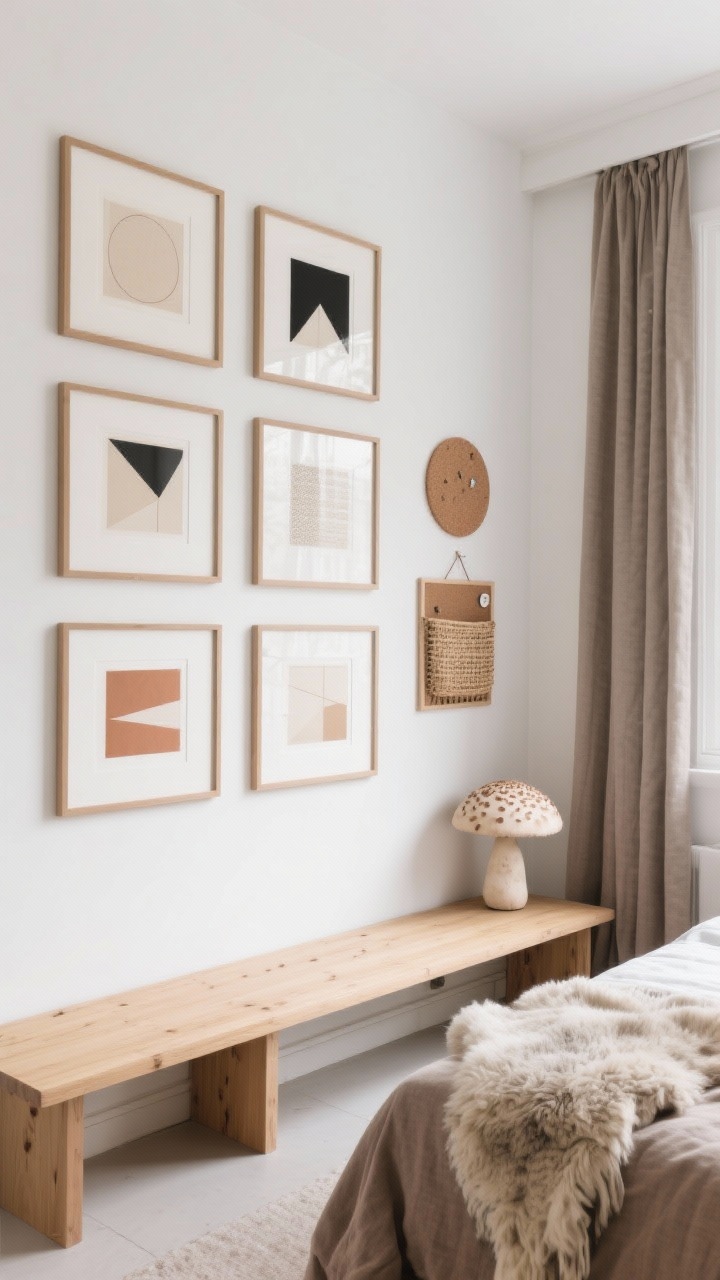 Overhead/detail hybrid: Scandi calm gallery with a perfect grid of natural oak frames containing neutral geometric prints in beige, black, and clay. Exact 2-inch gaps form a precise grid. One round cork pinboard and a small woven wall pocket subtly break the geometry. Warm white wall, blonde wood platform bed, taupe linen curtain edge, sheepskin throw, and a mushroom lamp nearby. Soft, even daylight for a serene, minimalist feel.