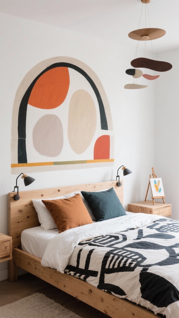 Overhead/detail hybrid: The head of a simple wood bed aligned with a wall featuring a half-arch mural and layered organic shapes in two bold colors plus a neutral, edges crisp via tape. Graphic bedding with a block-printed duvet, solid-color pillows. Clip-on headboard lamps attached to the bed, a mini easel with a small canvas on the nightstand, and a sculptural mobile overhead slightly out of focus. Playful, modern art vibe. Soft, even daylight.