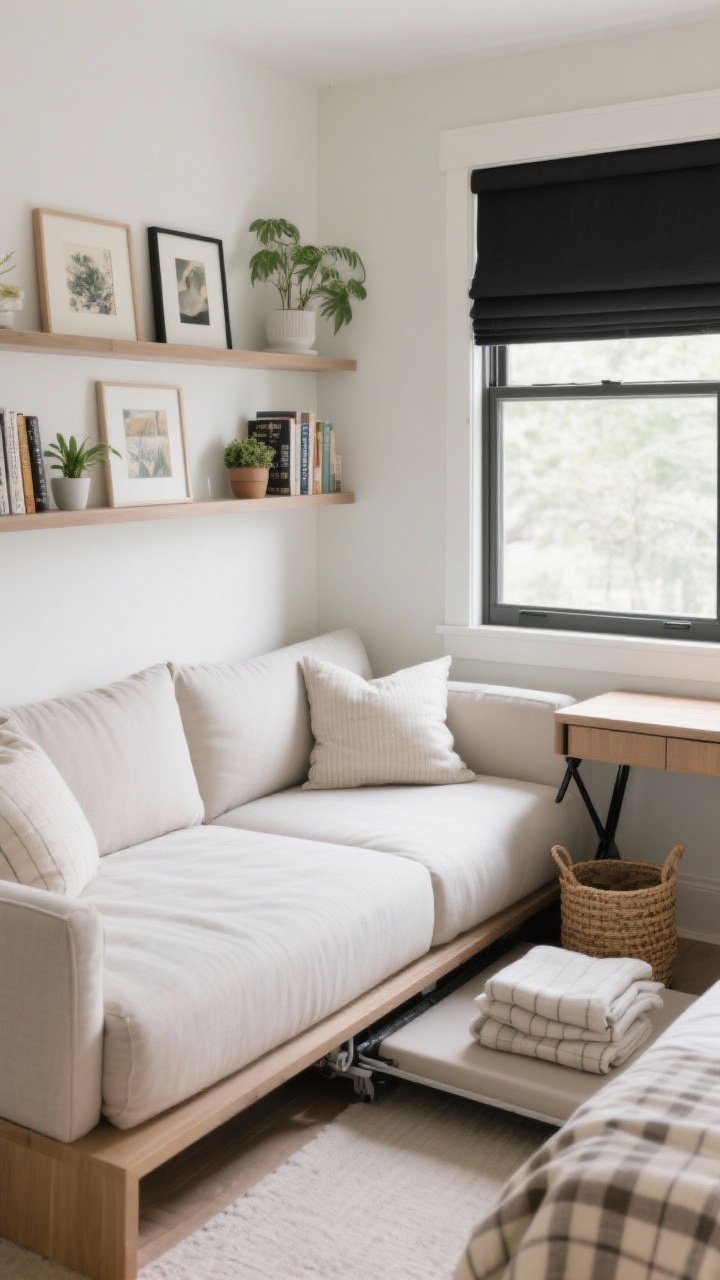 Overhead detail/medium hybrid, Convertible Day-to-Night Guest-Ready: trundle daybed with ultra-tailored cushions arranged like a sofa; the trundle edge visible below. A wall-to-wall shelf ledge behind the daybed displaying art, books, and mini plants. A folding wall desk in closed position to allow trundle rollout. Blackout Roman shades above the window, a woven basket with spare linens, and a soft plaid throw folded neatly. Calm, practical ambiance with soft daylight.
