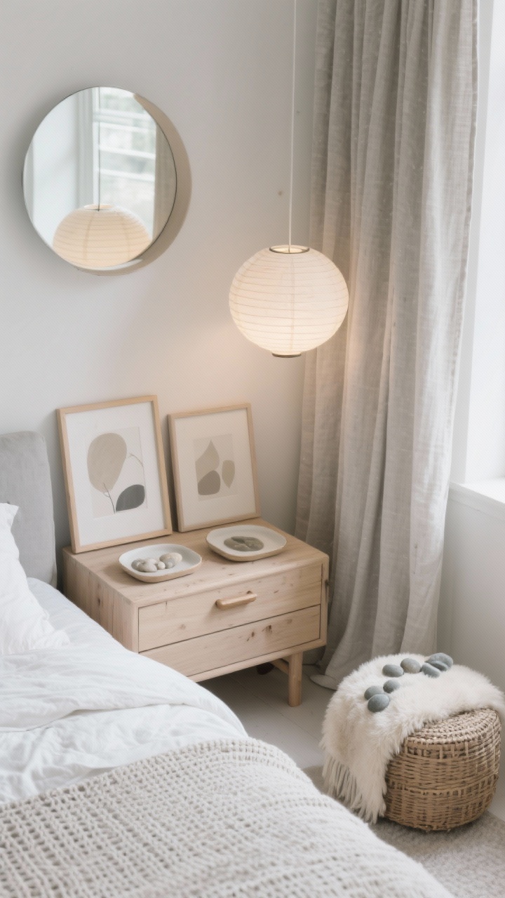 Overhead detail of Scandinavian textures: warm whites, dove gray, pale wood palette; waffle-knit duvet, linen curtain fold, sheepskin throw draped over light oak nightstand; ceramic trays with neutral abstract prints in frame edge, paper lantern pendant softly glowing out of frame; rounded shapes—mushroom lamp top, curved mirror edge, pebble-style pouf corner; underbed drawer handle and woven basket texture visible; serene natural light; photorealistic.