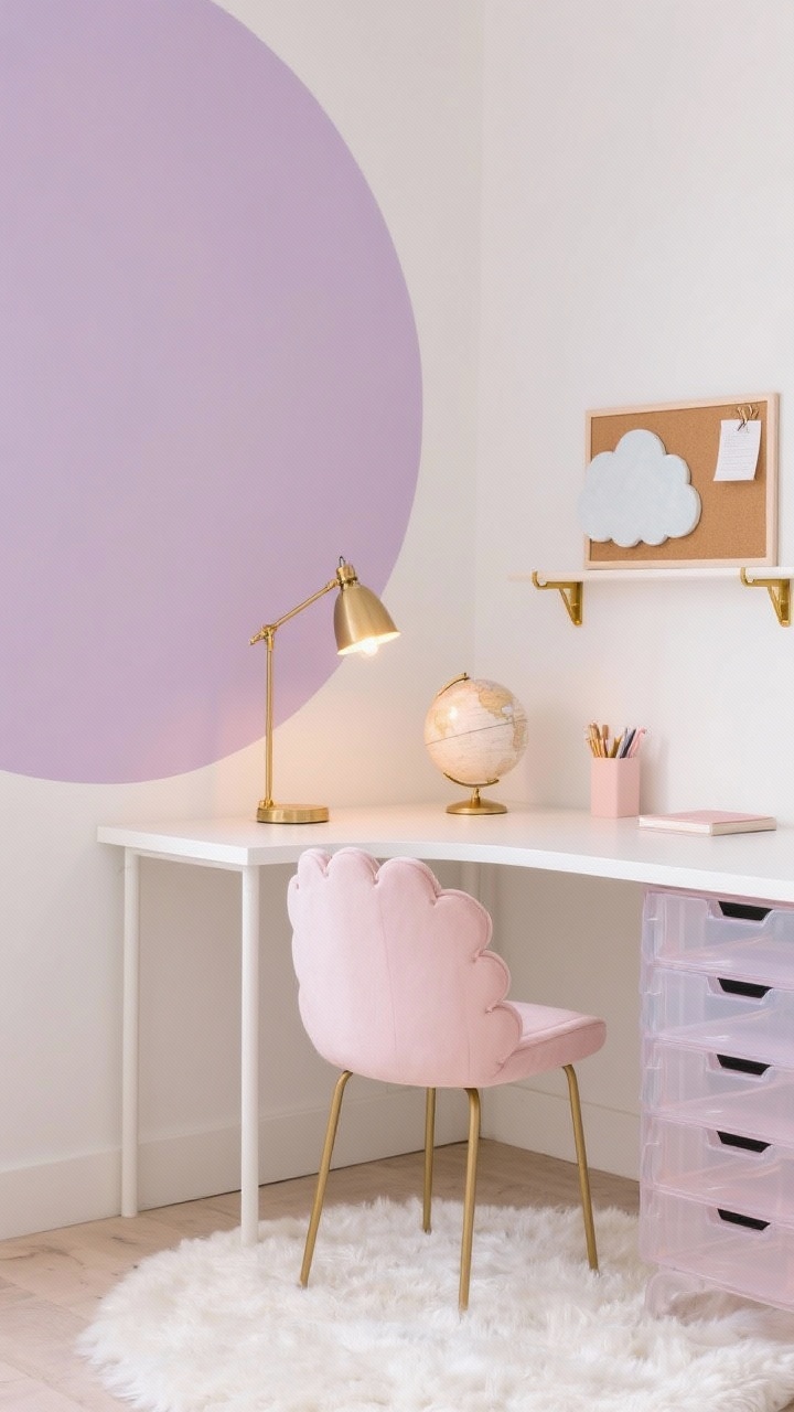 Pastel dream workstation, straight-on medium shot: compact white desk with rounded corners, blush scalloped desk chair, half-circle mural in soft lavender framing the desk; slender brass lamp and gold binder clips, simple wall shelf with brass brackets, fluffy off-white rug; globe lamp with warm bulbs on desktop, pastel acrylic drawers for stationery, cloud-shaped cork board with pinned notes; soft, airy ambiance.