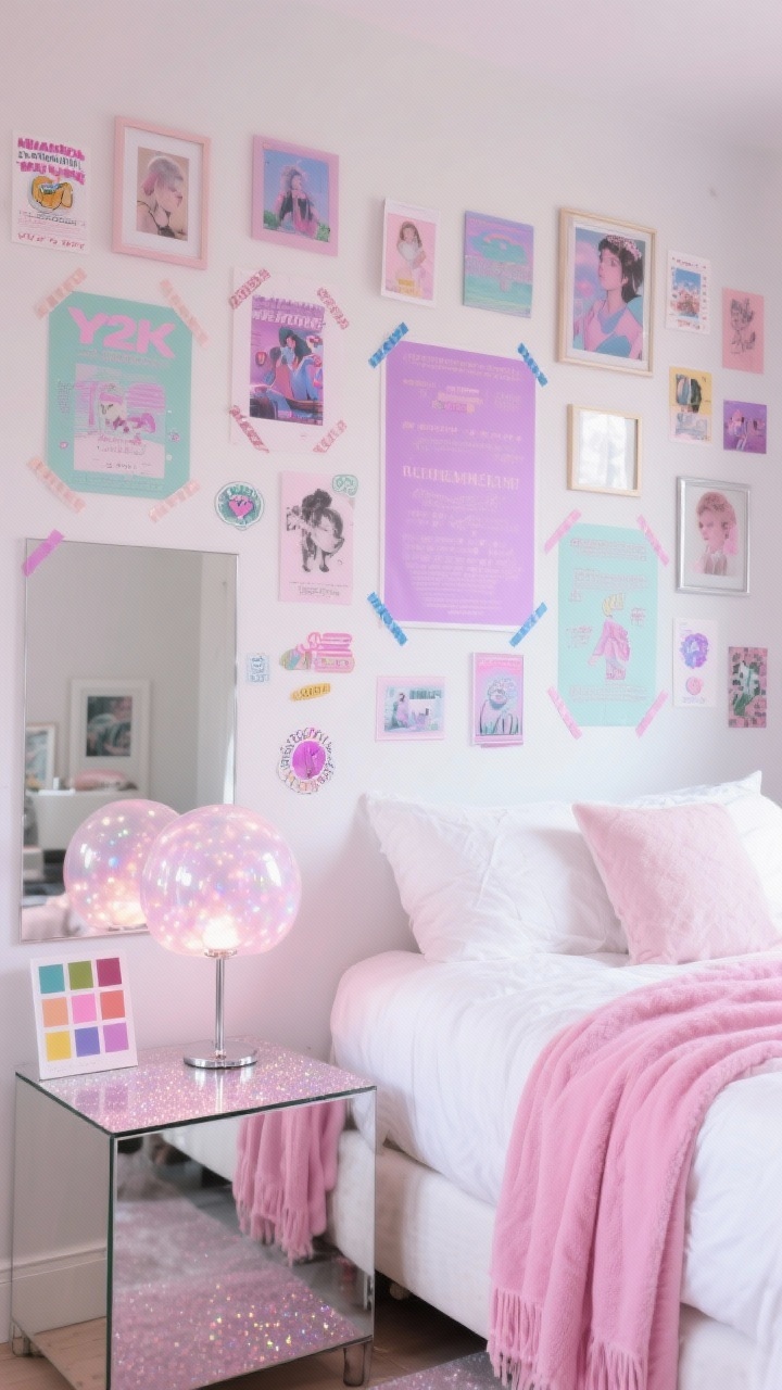 Photorealistic closeup/detail of a Y2K collage wall covered in pastel posters, mini prints, and stickers arranged with washi tape frames; nearby white bedding with a bubblegum pink throw draped over the edge; bubble lamp on a glossy side table; sparkle mirror catching light; palette bubblegum pink, lilac, mint, silver; playful, nostalgic, even lighting.