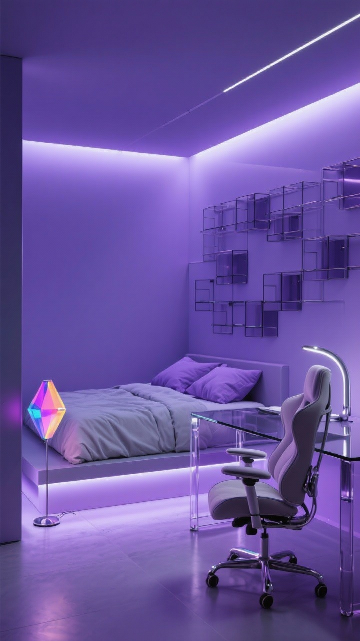 Photorealistic corner medium shot of a lavender + chrome futuristic studio nook: cool lavender walls, floating platform bed with LED under-glow, glass-and-chrome desk, curved gamer chair, wall grid for modular storage, minimal bedding with light gray duvet and lavender shams, prismatic floor lamp cycling colors softly; materials include glass, metal, microfiber; clean nocturnal mood lighting