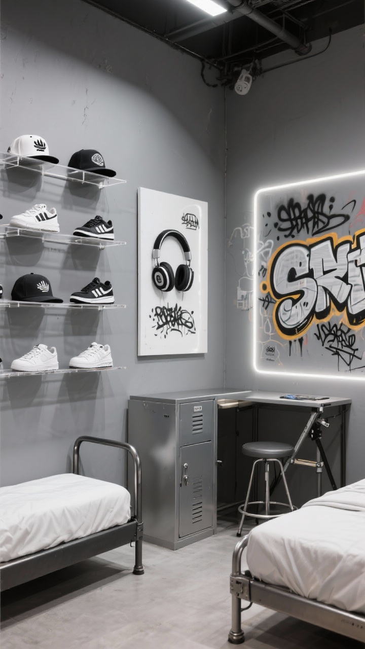 Photorealistic corner medium shot of a sporty streetwear display wall painted cool gray: wall rails neatly showcasing a lineup of caps and a pair of headphones; clear floating shelves presenting sneakers like art; a graffiti-style canvas leaning; LED strip lights under shelves casting a shop-display glow; metal bed frame edge, locker-style cabinet, and drafting stool included; palette gray, white, black with a bold accent color; urban, energized vibe.
