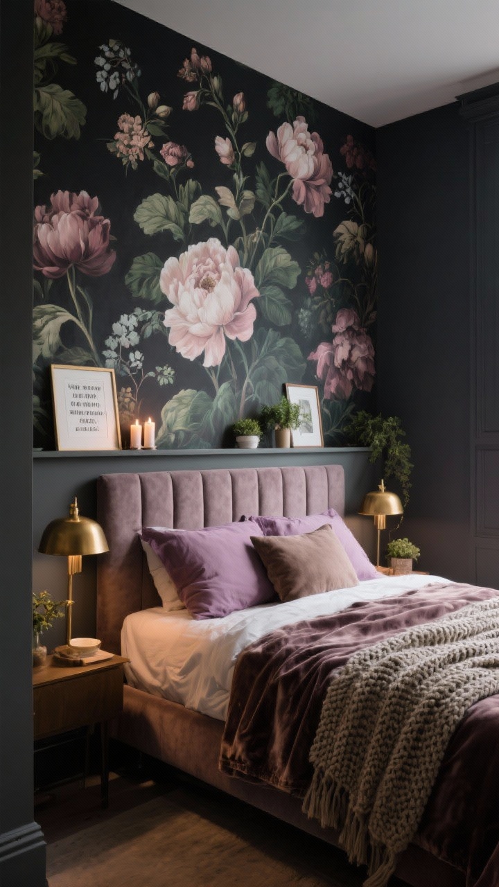 Photorealistic corner wide shot of a bedroom featuring a dark floral mural spanning one wall; adjacent walls painted matte charcoal; upholstered headboard in front of the mural; picture ledge running below the mural holding candles, framed quotes, and small plants; soft bedding in mauve and taupe with velvet throw and textured knit blanket; warm brass bedside lamps creating cozy ambient light; palette charcoal, rose, taupe, moss green; moody, soothing atmosphere.