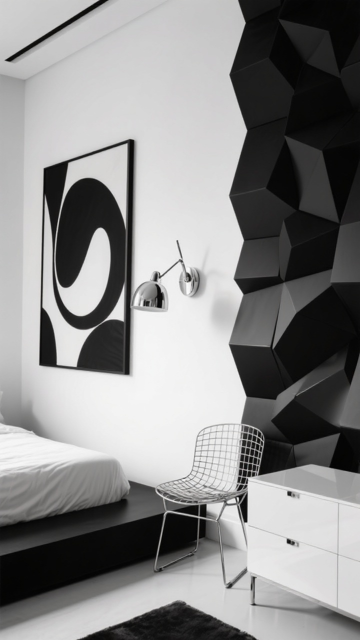 Photorealistic detail/medium shot of a high-contrast monochrome wall with white background and black geometric 3D wall panels creating texture; oversized black-and-white abstract photography leaning and hung; chrome swing-arm sconce acting like sculpture; black platform bed edge and white lacquer dresser partially visible; wire chair nearby; palette black, white, chrome; crisp, directional lighting accentuating shadows.