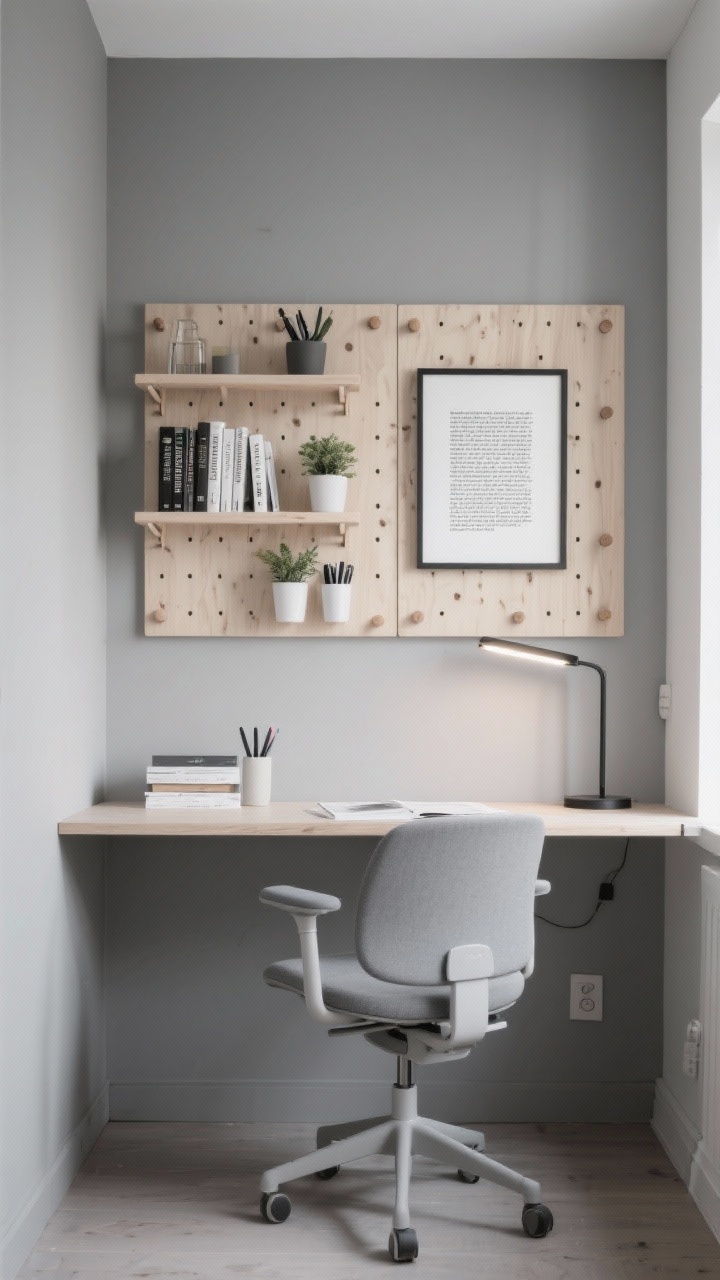 Photorealistic detail/medium shot of a sleek Scandinavian study nook: soft gray wall with a birch pegboard system above a floating desk; movable pegs and shelves holding books, mini planters, and pen cups; monochrome framed typography print; slim linear sconce providing focused task light; armless task chair; palette gray, birch wood, white, charcoal; clean lines, organized, soft diffused light.