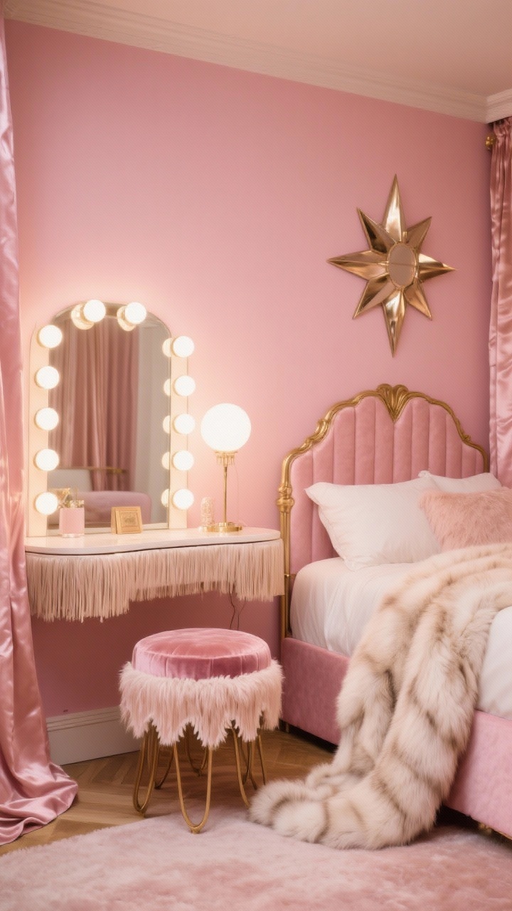 Photorealistic glamorous detail-focused medium shot of a rosy pink vintage Hollywood corner: rosy pink walls, mirrored vanity with round bulb lights, plush fringe-trim stool, scalloped velvet art deco headboard visible in frame, metallic starburst mirror, silk-look curtains pooling on the floor, faux fur throw draped nearby; palette of rosy pink, champagne, soft gold, ivory; soft glowing vanity light