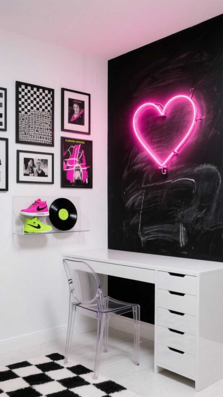 Photorealistic medium shot of a bold black-and-white teen wall with crisp white walls and one matte black/chalkboard accent wall; neon LED sign in pink shaped like a heart glowing; checkerboard prints and high-contrast posters; a grid photo wall with black frames; clear acrylic shelf displaying bright sneakers and a couple vinyl records; white lacquer desk with a lucite chair nearby; palette white, black, neon pink, lime; dramatic, high-contrast lighting.