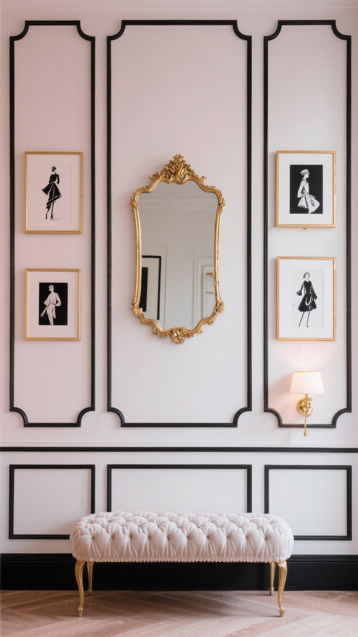 Photorealistic medium shot of a chic Parisian-inspired wall: soft ivory walls with black picture-frame molding creating architectural panels; curated fashion illustrations and black-and-white photography in slim gold frames arranged symmetrically; statement mirror with gold trim; a boucle bench below and a dainty wall sconce adding warm light; palette ivory, black, gold, blush; elegant and timeless.