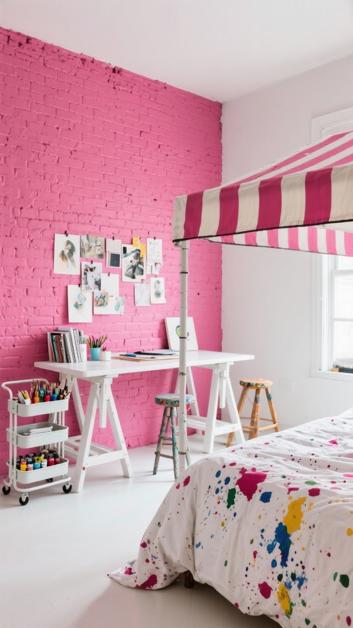 Photorealistic medium shot of a hot pink art studio bedroom: one hot pink painted brick wall contrasted with matte white walls, white trestle desk with a pinned inspiration wall above, rolling utility cart holding paints and sketchbooks, painter’s stool used as a side table, splatter-print bedding on the bed, striped awning canopy over the bed for dramatic flair; canvas, brick, cotton sateen textures; bright studio lighting