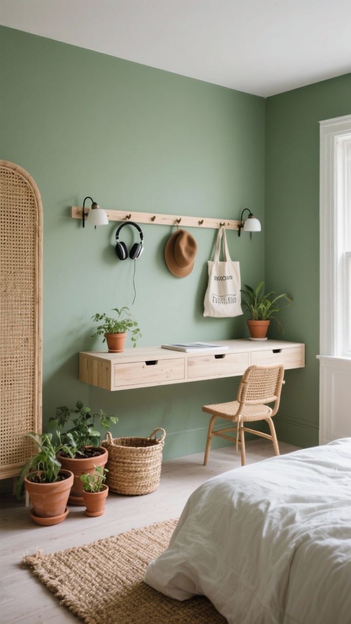 Photorealistic medium shot of a sage green study sanctuary: sage matte walls, whitewashed oak floating wall-mounted desk with hidden drawers, peg rail with sconces above holding headphones, hats, and a tote, jute rug underfoot, woven baskets and terracotta planters clustered near the desk, oversize off-white linen bedding on a simple bed, cane-front wardrobe; calm natural light, minimal and uncluttered