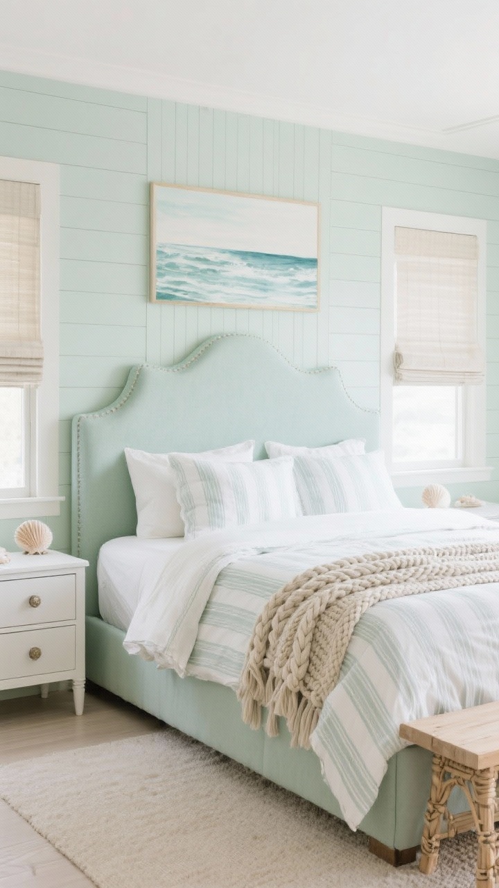 Photorealistic medium shot of a soft sage coastal calm bed wall: wavy-edge upholstered headboard in seafoam against sage beadboard paneling, crisp white nightstands with seashell knobs, subtle pinstripe duvet, rope-knit throw, watercolor seascape above the bed, bleached wood bench at the foot, woven roman shades filtering light; airy coastal palette of sage, seafoam, sand, white
