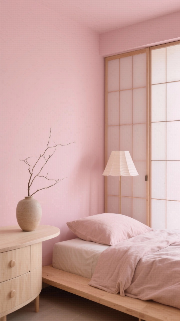 Photorealistic minimalist medium shot of pink modern Japandi bedroom: pale pink wall, rounded furniture including a curved-edge dresser and oval nightstand, simple light ash platform bed with a linen duvet in rosy beige, shoji-inspired sliding closet screens, sculptural paper lamp, single branch arrangement in a ceramic vase; textures of linen, paper, smooth wood grain; serene natural light
