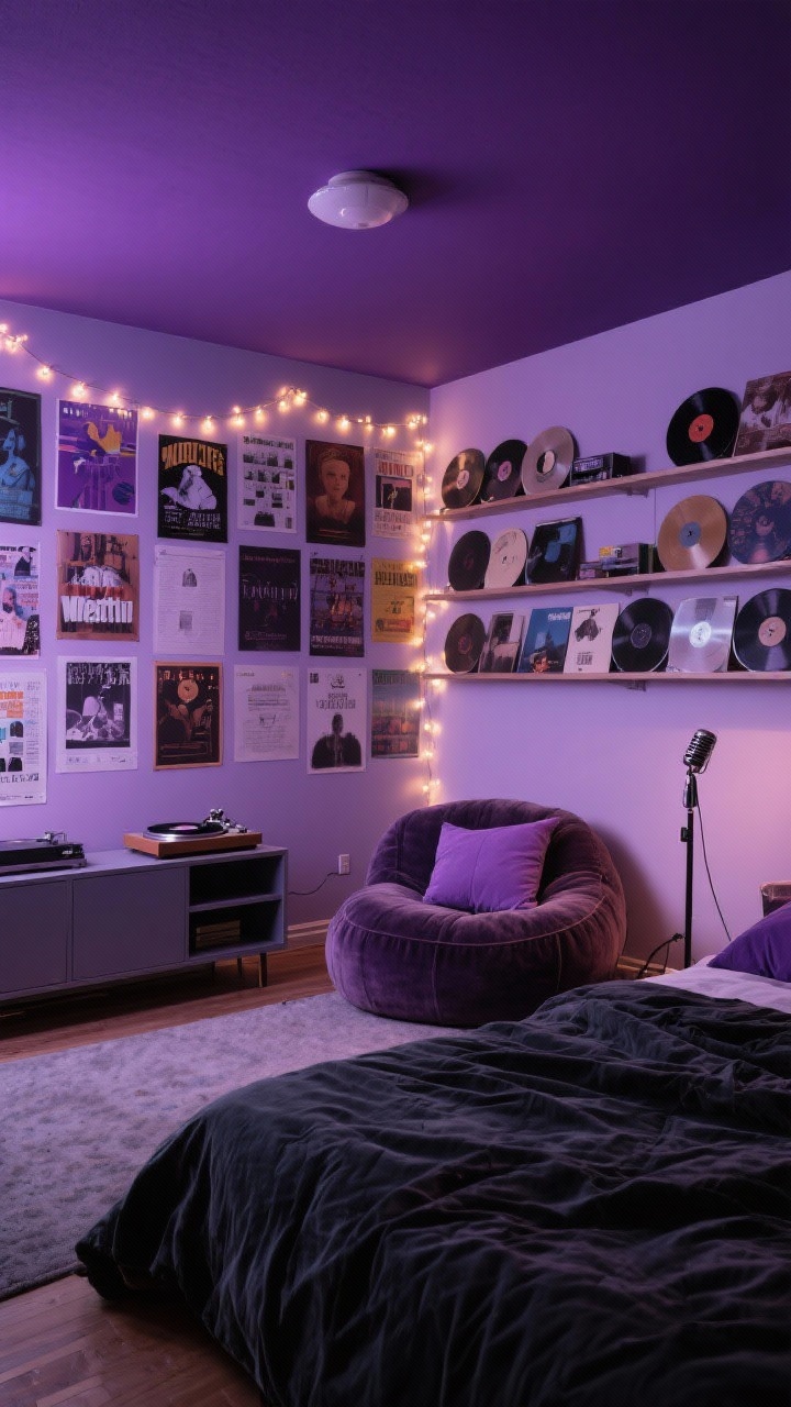Photorealistic moody wide shot of a purple-lavender indie music den: ceiling painted deep plum, walls in light lavender, one wall lined with record shelves and a vintage turntable on a low credenza, floor-to-ceiling poster collage with fairy lights woven through, dark charcoal duvet with lavender pillowcases, slouchy corduroy bean sofa, microphone stand; corduroy, cotton, matte paint, paper textures; warm ambient glow with accent string lights