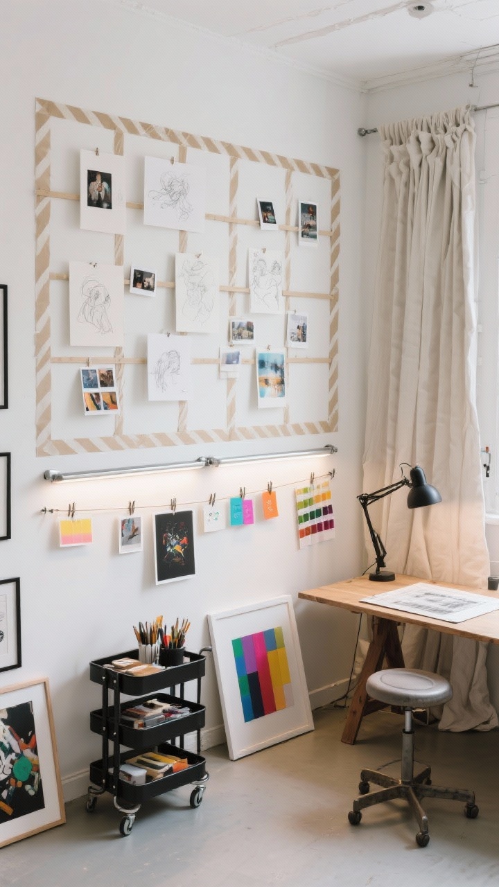 Photorealistic overhead/detail shot of an artsy studio wall sectioned into a giant washi-tape grid on a white wall, holding sketches, Polaroids, and colorful inspo cards; metal clip rails below with canvases hanging and easily rotated; slim picture light washing the display; a rolling cart with art supplies and an adjustable drafting desk with stool in frame; drop-cloth style curtain to the side; palette white, oat, black accents with pops of color from the art; creative, functional workspace lighting.