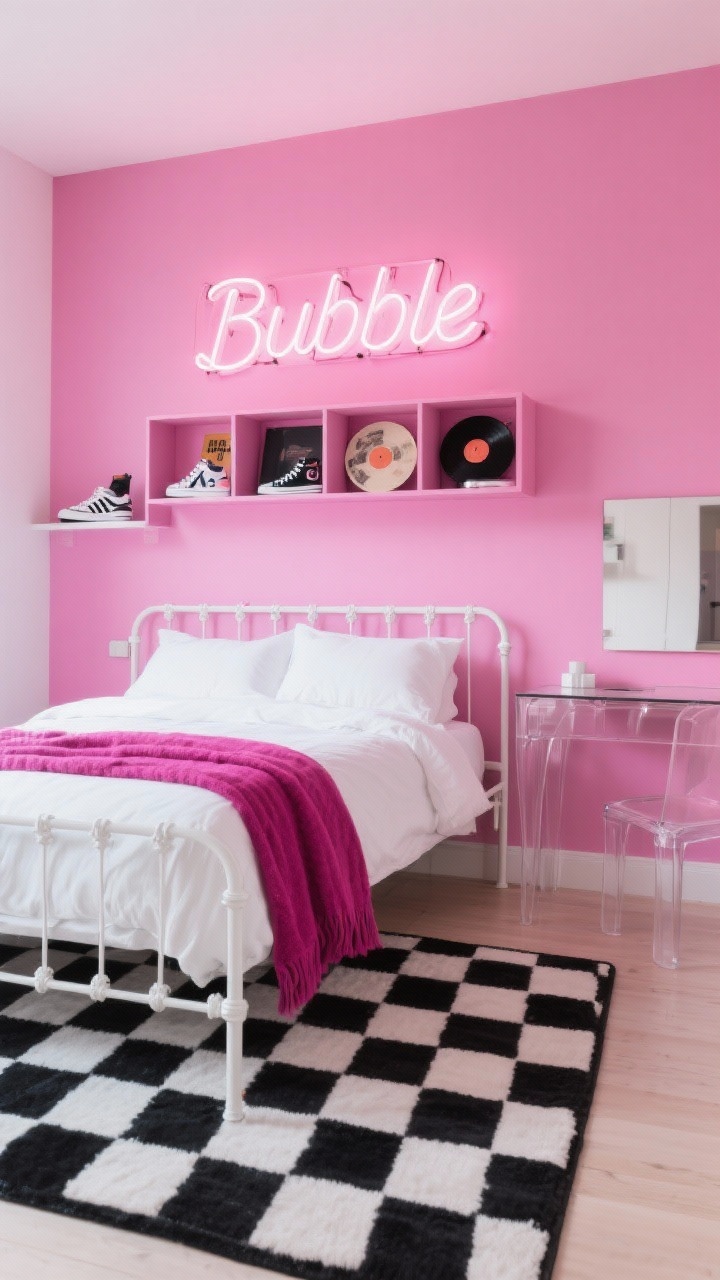Photorealistic straight-on medium shot of a bubblegum pop pink bedroom: bold bubblegum pink accent wall, black-and-white checkerboard rug, white metal bed with crisp white bedding and a single magenta throw, neon-style sign glowing above the bed, cubby shelving displaying sneakers and vinyl records, clear acrylic vanity doubling as a desk; glossy accents and percale textures under bright, even lighting