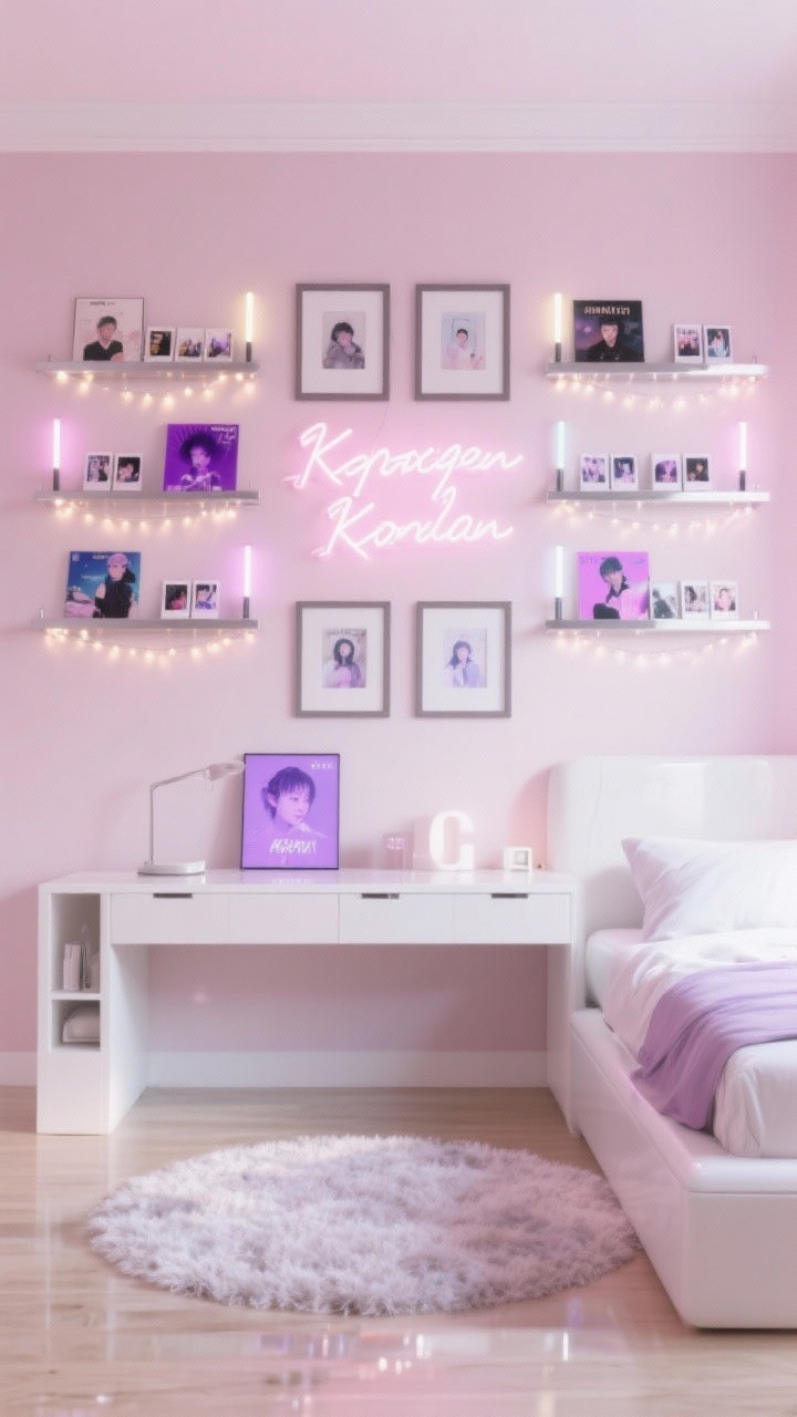Photorealistic straight-on medium shot of a K-pop fan wall painted soft blush with a symmetrical arrangement of framed album covers above sleek photo ledges holding photocard displays; mounted display racks showcasing lightsticks; a pastel neon lyric sign softly glowing; fairy lights tucked around the ledges for a gentle shimmer; white platform bed, glossy desk, plush rug; palette blush, white, lilac, silver; tidy, curated, softly lit.