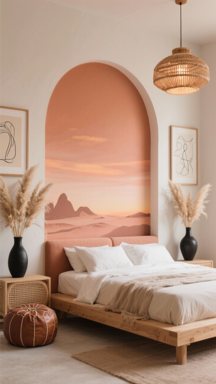 Photorealistic straight-on medium shot of a modern desert bedroom wall featuring a large painted arch in terracotta/dusty peach acting as a faux headboard behind a low wood bed; dried pampas grass arranged in wall-mounted vases flanking the arch; minimalist line-drawing prints; cane pendant overhead casting warm light; cane nightstand and a leather pouf; palette terracotta, peach, cream, black accents; warm sunset-inspired tones.