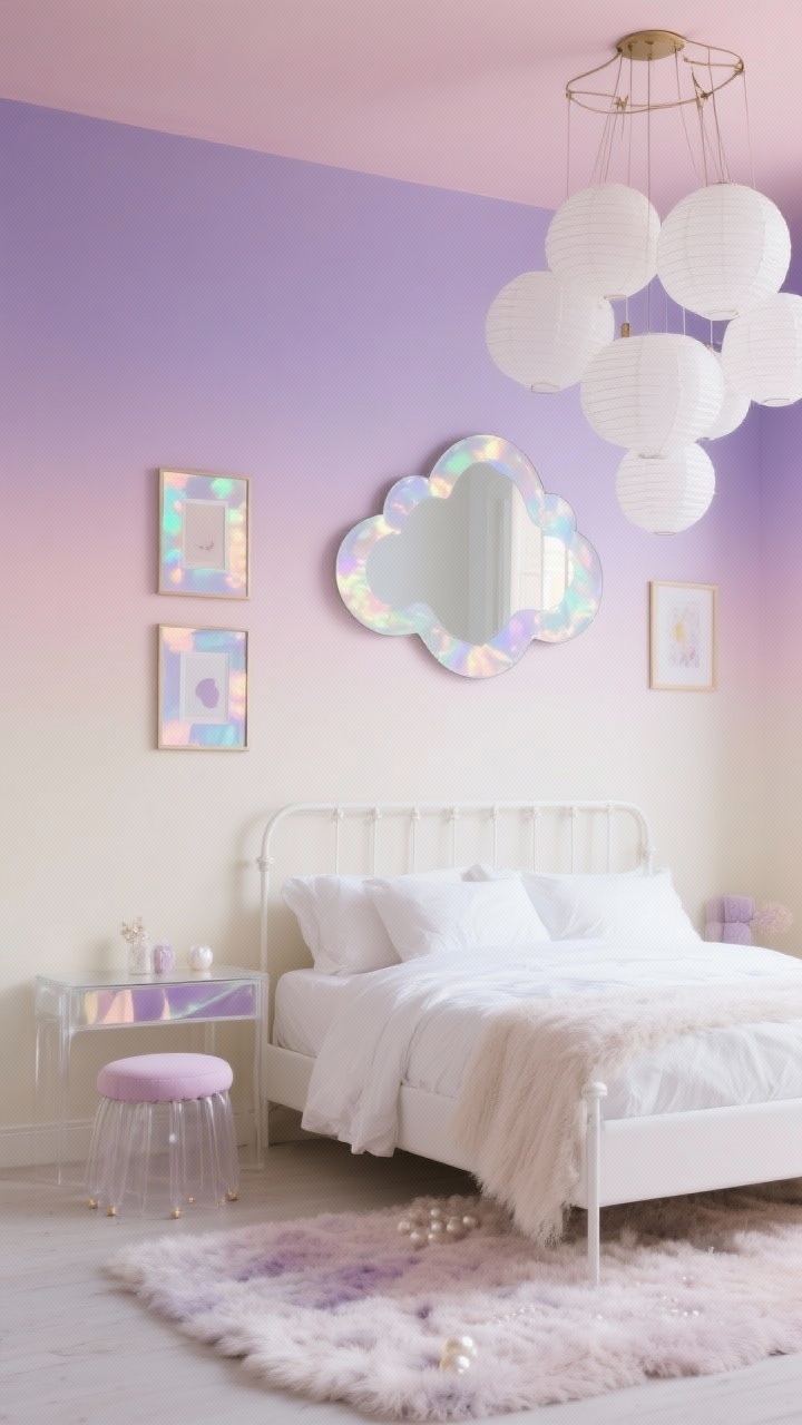 Photorealistic straight-on medium shot of a pastel ombre wall fading from lavender at the top to blush and then cream; cloud-shaped mirror centered; iridescent frames with minimal art; a cluster of white paper lanterns hanging overhead; white metal bed with airy white bedding, fluffy rug below; translucent side table and a pastel vanity stool; palette lavender, blush, cream, pearl; soft, dreamy daylight.